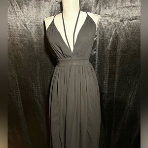 Black Strappy Plunge Maxi Dress Elegant Evening Gown